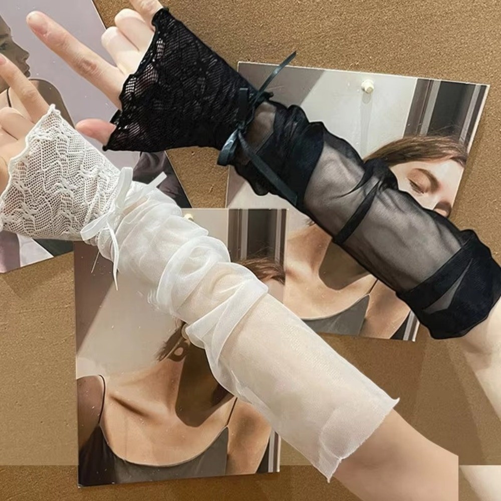 Y2K Lace Ruffle Mesh Gloves Sh - огляд і ціна Fingerless Glove Knit